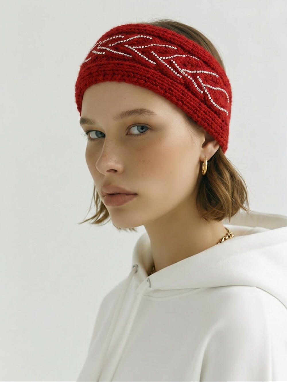 Red Rhinestone Studded Head Wrap/Ear Warmer With Button Clasp New